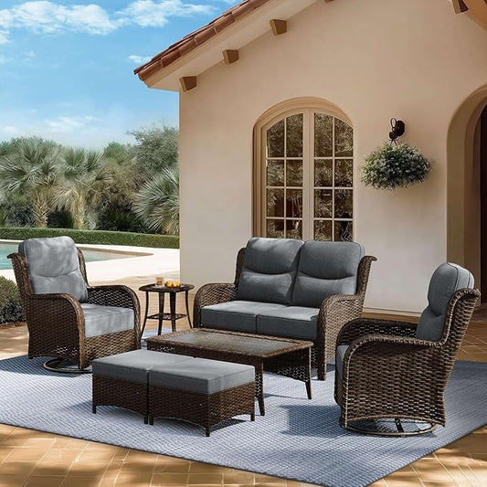 High Back Outdoor Furniture with Extra Thick Cushion Patio Swivel Rocking Chairs, Comfort Loveseat, 7PCS Oversized Wicker Conversation Set for Porch, Deck, Yard in Dark Gray