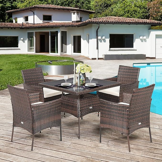 Tangkula 5 Pieces Wicker Patio Dining Set, Outdoor PE Rattan Chairs Table Set with 4 Seat Cushions, Patio Dining Furniture with Tempered Glass Tabletop, Suitable for Porch, Yard