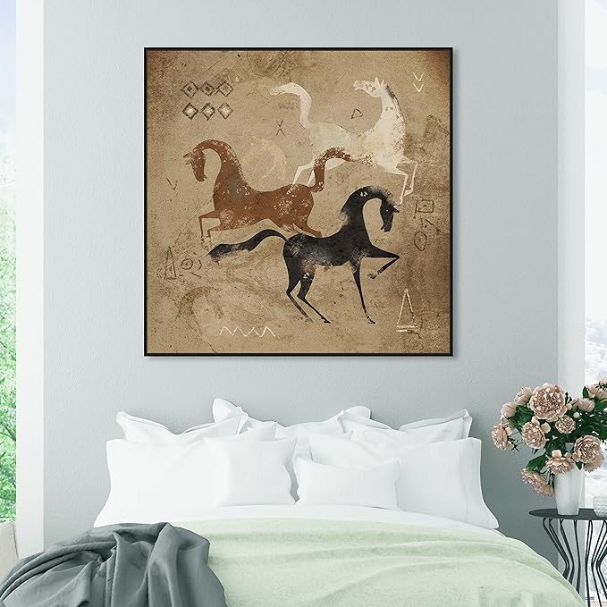 Oliver Gal Artist Co. Abstract, Canvas Wall Art, "Primitive cave horse drawing" Ready to Hang Living Room, Bedroom and Bathroom Home Décor, 40.0 x 40.0, White, Framed Canvas Art
