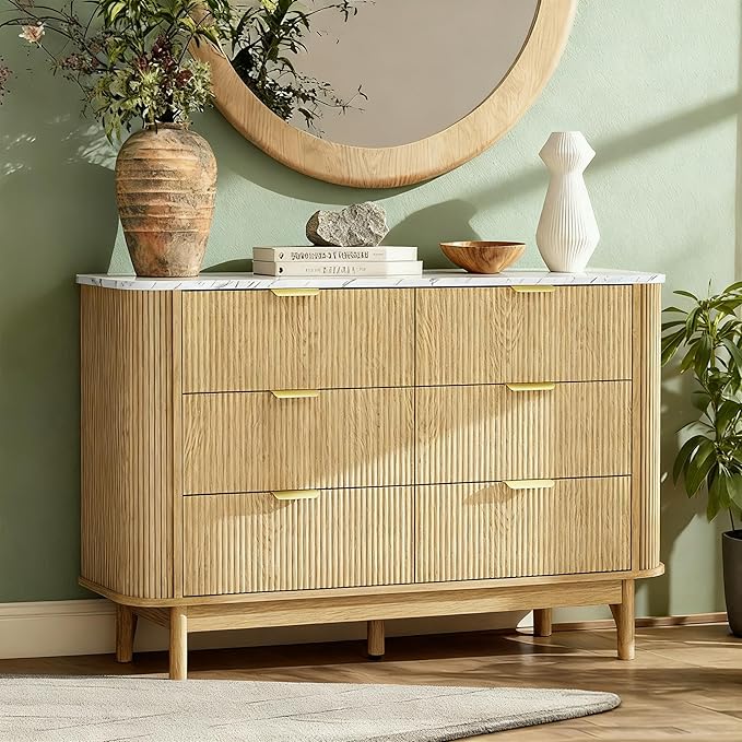47" Fluted Dresser for Bedroom with 6 Drawer, Modern Chest of Drawers,Faux Marble Top & Curved Profile Design,Wood Drawer Storage Organizer for Living Room, Natural