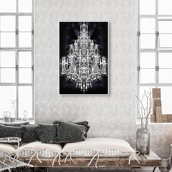 The Oliver Gal Artist Co. Fashion and Glam Framed Wall Art Canvas Prints 'Montecarlo Crystal' Chandeliers Home Décor, 30" x 45", White, Black
