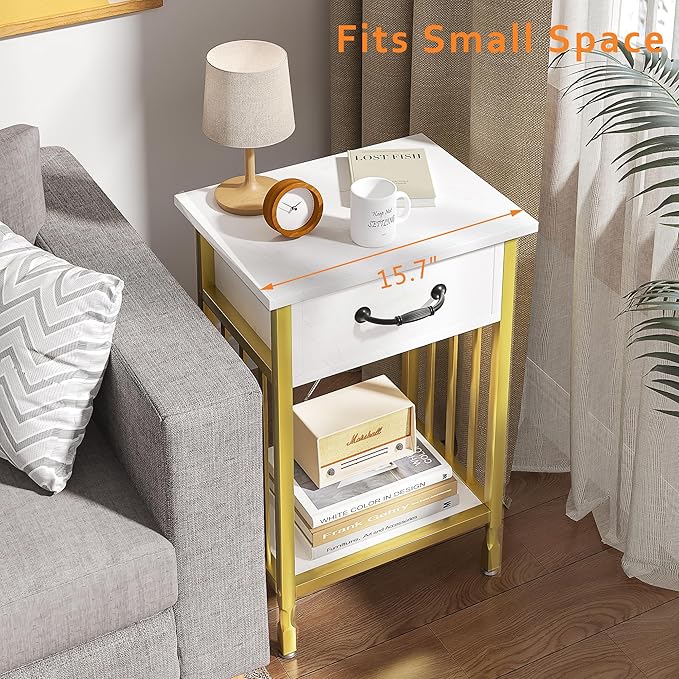 VECELO Nightstands, Industrial Side Table/End Tables with Drawer and Storage Shelf, Night Stands for Bedroom, Living Room, Wood Metal Furniture, Easy Assembly,Gold,l Set