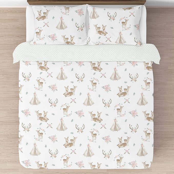 Sweet Jojo Designs Blush Pink, Mint Green and White Boho Watercolor Woodland Deer Floral Girl Full/Queen Kid Teen Bedding Comforter Set - 3 Pieces