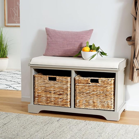 SAFAVIEH Home Collection – Freddy Vintage Grey Storage Bench with Wicker Baskets & Cushion, Entryway Seating Bench, Fully Assembled (AMH5736F)