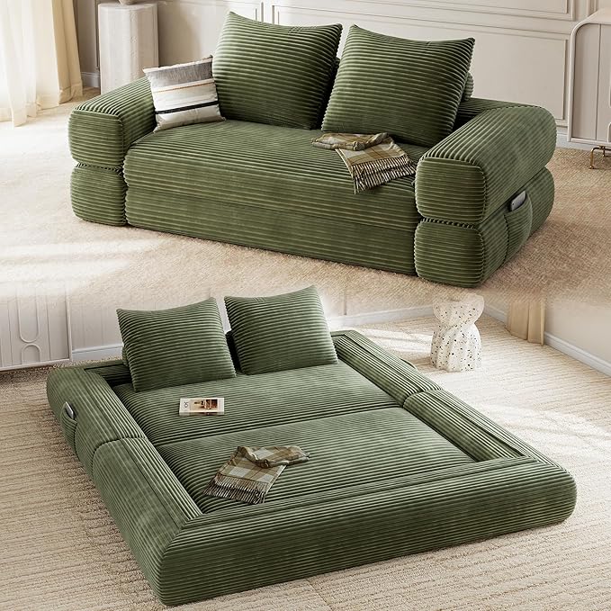 Jocoevol 4-in-1 Convertible Folding Sofa Bed, 68"L x 78"W Queen Size Foldable Sleeper Sofa Bed, Wide Corduroy Upholstery, Boneless Mattress Couch with Armrests & Neck Pillow for Living/Bedroom, Green
