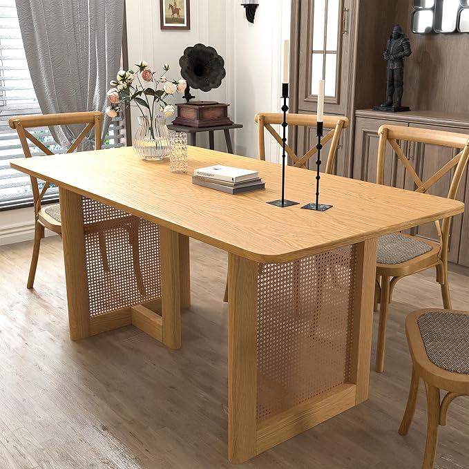 Casaphoria 67" Dining Table, Wicker Base Modern Kitchen Table for 4-6, Farmhouse Style with Rectangular Top & Wicker Base, Easy Assembly for Living Room, Kitchen, Natural Wood