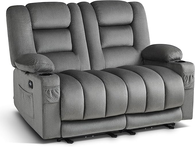 MCombo 55.9" Zero Gravity Power Loveseat Recliner with Heat and Vibration Massage, Reclining Loveseat Sofa with USB Ports, Cup Holders for Living Room, Fabric PR648SET (Grey)