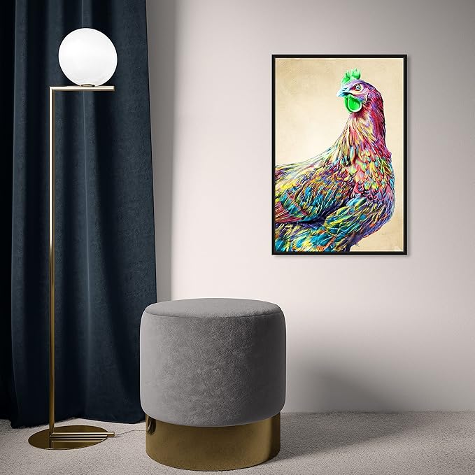 Country Farmhouse Canvas Print Painting Animal Wall Art 'Fun Colorful Glam Rooster' Black Framed Canvas Rustic Home Décor 16x24 in Pink, Green by Oliver Gal
