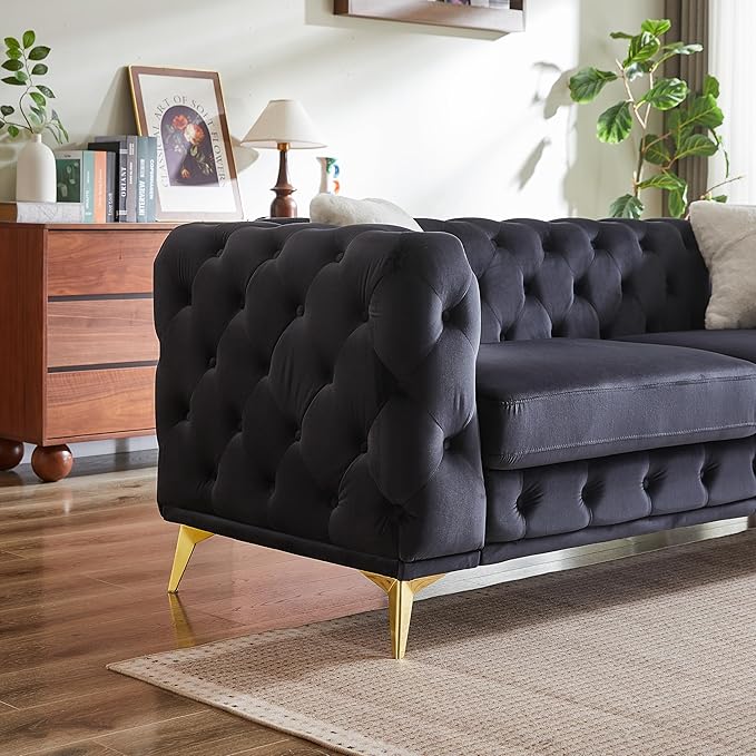 KEIKI 83" Luxury Oversized Velvet Chesterfield Sofa with 2 Pillows, Mid-Century Style 3-Seater Tufted Buttons Couch with High-Density Foam Cushions, Easy Assembly, for Apartment, Living Room, Black