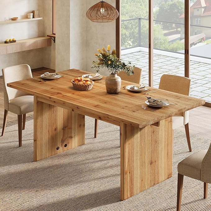 LITTLE TREE Solid Wood Dining Table for 6, 63 Inches Farmhouse Rectangle Kitchen Dinner Tables for Dining Room, Kitchen, Living Room, Rustic Brown