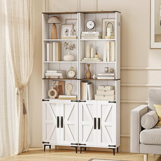 6 Tier Bookshelf with Doors and Adjustable Shelf, 72in Tall Bookcase with Storage Cabinet, White Farmhouse Bookshelves Wood for Living Room, Bedroom, Home Office