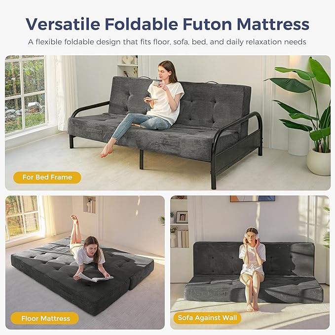 MAXYOYO 8" Foldable Floor Sofa Bed, Tufted Foldable Couch Bed Thick Folding Mattress with Handles, Versatile Folding Sofa Couch for Floor Sleeping, Living Room & Guest Room, Dark Grey