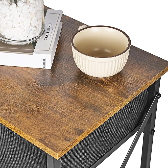 VECELO Nightstand, X-Design End Side Table with Fabric Storage Drawer and Open Shelf, Bedside Night Stand with Steel Frame for Bedroom, Living Room,Dorm, Easy Assembly, Antique Brown