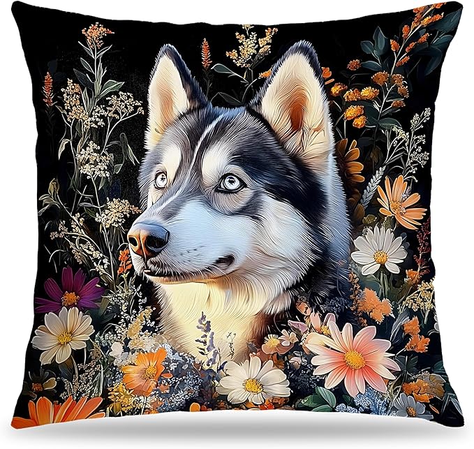 William Morris Inspired-Vintage Floral Siberian Husky Pillow Covers 18x18, Husky Lover Gifts, Moody Dark Botanical Dog Decorative Pillow Covers for Home Living Room Bedroom,Dog Lover Mom Gifts