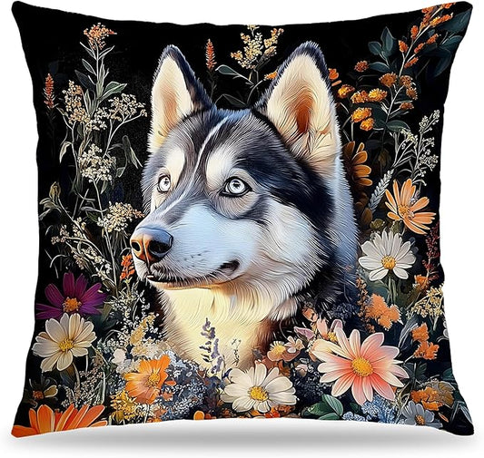 William Morris Inspired-Vintage Floral Siberian Husky Pillow Covers 18x18, Husky Lover Gifts, Moody Dark Botanical Dog Decorative Pillow Covers for Home Living Room Bedroom,Dog Lover Mom Gifts