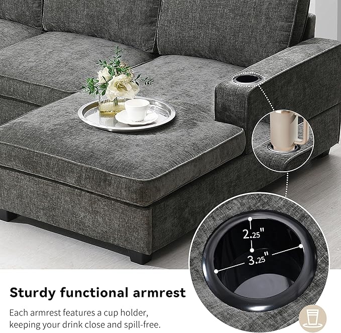 Merax Modern U-Shaped Cloud Couch Set with Oversized Chaise Lounge, Chenille 6-Seat Sectional Sofa Sleeper Bed with Cup Holders for Living Room Dark Gray