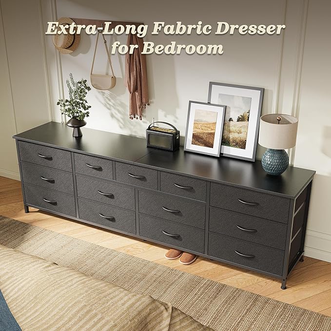 Huuger 70 Inch Dresser for Bedroom, TV Stand for 65, 75, 80 Inch TV, 13 Fabric Drawer Long Dresser, Wide Chest of Drawer, Black Storage Units for Bedroom