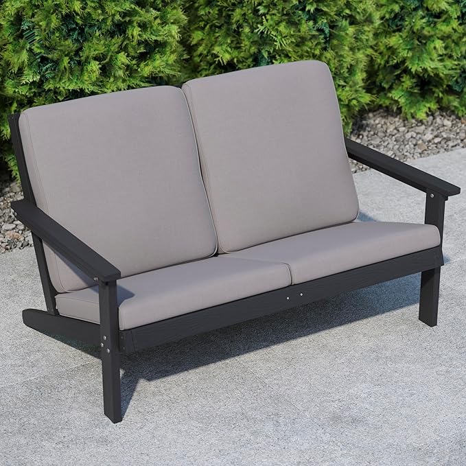 Flash Furniture Charlestown Adirondack Style Deep Seat Patio Loveseat with Cushions - Black Poly Resin Frame - Charcoal All-Weather Cushions - Indoor/Outdoor