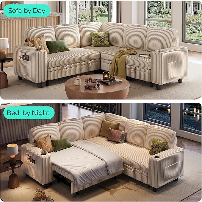 LINSY HOME Sectional Sofa with Pull Out Bed, 5 Seats Corduroy Reversible Sleeper Sofa with Storage Seats, USB Ports, Cup Holders, Side Pocket, Sectional Couches for Living Room | Soft corduroy fabric, Contouring foam, Sturdy frame