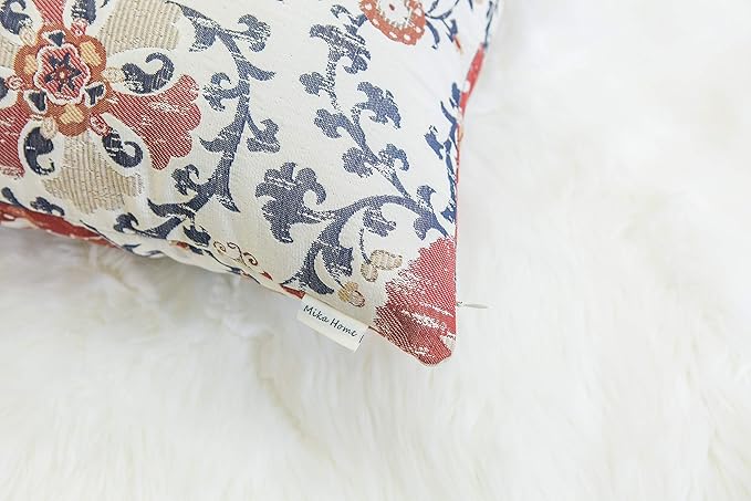 Mika Home Pack of 2 Jacquard Circle Floral Throw Pillow Shell Vintage Cushion Cover for 20X20 Inserts Cream Red