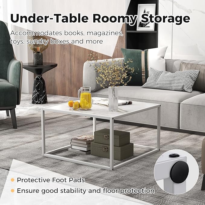 Giantex Square Coffee Table with Faux Marble Tabletop & Steel Frame, Center Cocktail Table, Accent Living Room Furniture, Low Bedside Table, Easy Assembly (White)