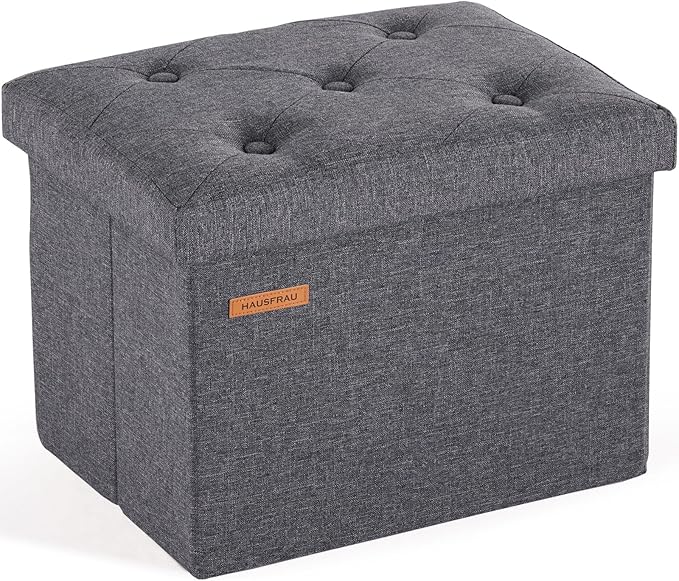 HAUSFRAU Ottoman with Storage Foot Rest Stool, Small Folding Footrest, Tufted Square Cube Seat for Living Room, Bedroom, Dorm, 12.2" x 16.5"x 12.2", Linen Grey