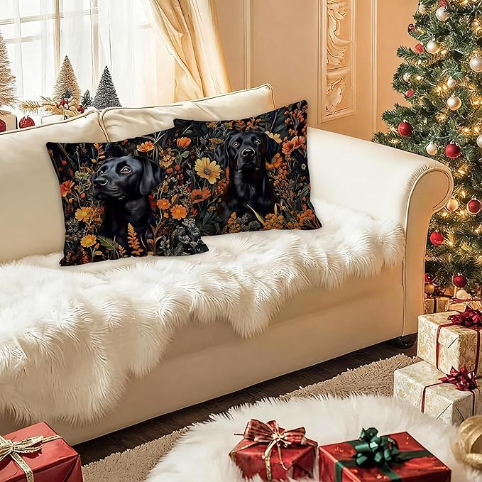 William Morris Inspired-Floral Black Labrador Pillow Covers 18x18 Set of 2, Black Lab Gifts for Women,Cottagecore Botanical Elegant Lab Dog Decorative Pillow Covers for Home Living Room Bedroom