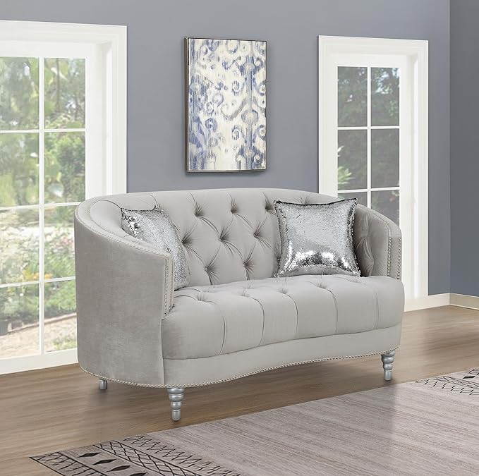 Coaster Home Furnishings - Avonlea - Velvet & Wood - Loveseat with Sloped Arms and Rhinestone Tufting - Living Room - Gray - 508462