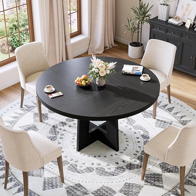 IDEALHOUSE 47" Round Dining Table, Kitchen Table for 4-6 People, Circle Tables with Sturdy Pedestal Base, Space Saving Dinning Room Furniture for Living Room, Kitchen, Black