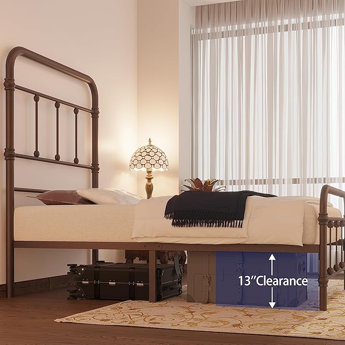 Twin-Bed-Frames with headboard for-Kids Giselle-Vintage Antique Metal - Platform Mattress Foundation,49 inch High,No Box Spring Needed(Brown)