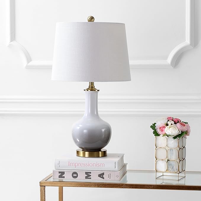 JONATHAN Y 25" White/Gray Gradient Ceramic Table Lamp, Brass Base LED Lamp for Bedside Nightstand Living Room, White Linen Drum Shade, Midcentury Decor (JYL3019B)