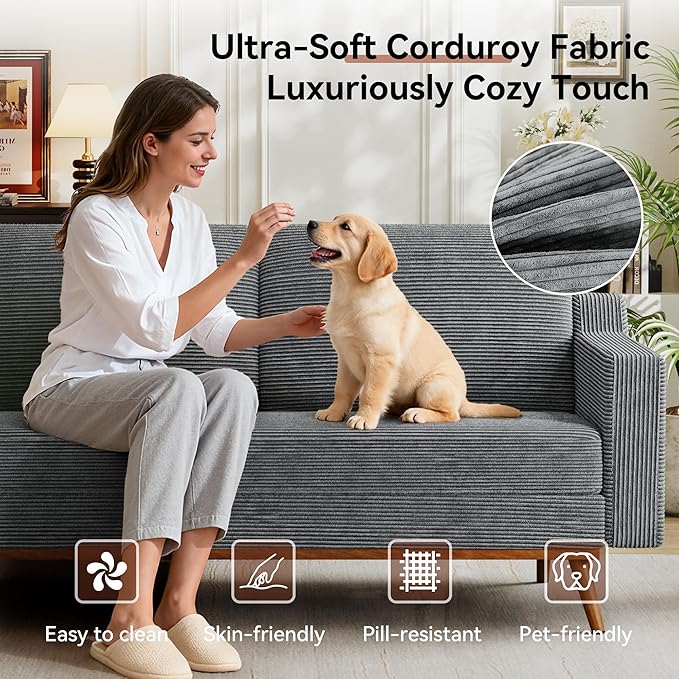 Vipbear 65.4" Loveseat Sofa Grey Corduroy Couch, Mid-Century Modern Small Couches for Living Room, Bedroom, Office, Comfy Sofa with Spring Cushion, Solid Wood Frame, Tool-Free Assembly