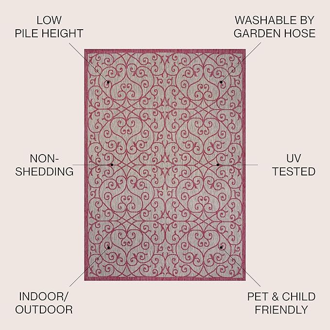 JONATHAN Y Vintage Filigree Indoor Outdoor Square Area Rug 5X5 Light Gray/Fuchsia, Madrid Textured Weave for Backyard, Patio, Porch, Easy-Cleaning, High Traffic, Pet-Friendly Non-Shedding SMB107I-5SQ