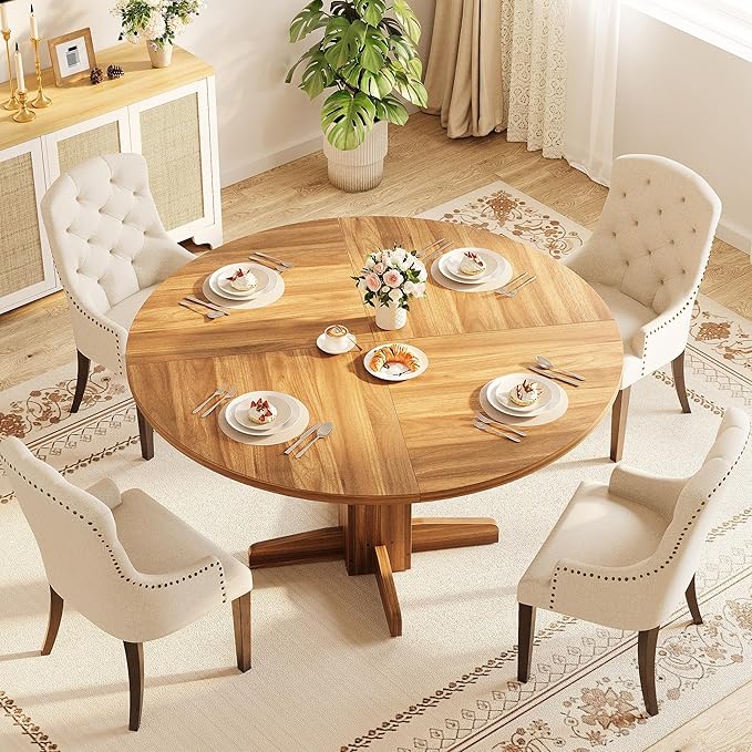 IDEALHOUSE Round Dining Table for 4-6 People, 47" Wood Kitchen Table with Sturdy Pedestal Base, Farmhouse Circle Dinner Tables for Dining Room, Living Room, Apartment, Walnut