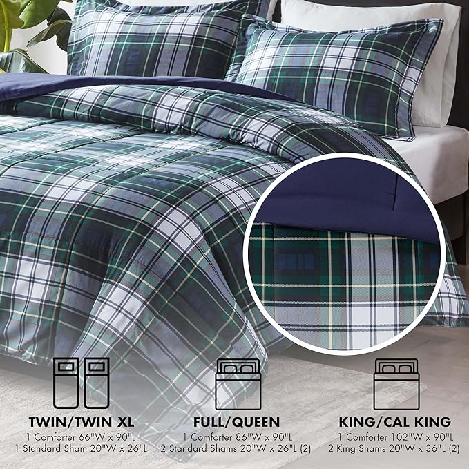 Madison Park Essentials Parkston Plaid Comforter, Matching Sham, 3M Scotchguard Stain Release Cover, Hypoallergenic All Season Bedding-Set, Twin/TwinXL, Navy, 2 Piece