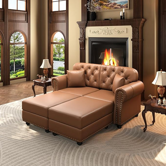 KEIKI 63" Faux Leather Chesterfield Sofa with Rolled Arms & Nailhead Trim & 2 Ottoman, 2-Seater Button Tufted Couch with High Resilience Cushion & 2 Pillow, Easy Assembly, for Living Room, Brown
