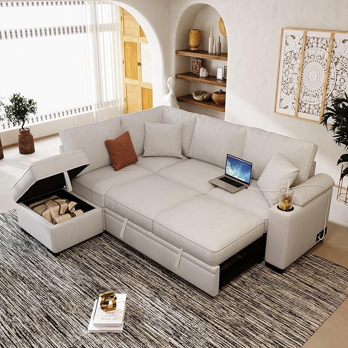 Merax Sofa Bed Sleeper Couch L Shaped Sofa with Storage Ottoman and Cup Holder, L-Shape Sectional Couch with Comfortable backrest and Charging Function for Living Room and Small Apartment (Beige)