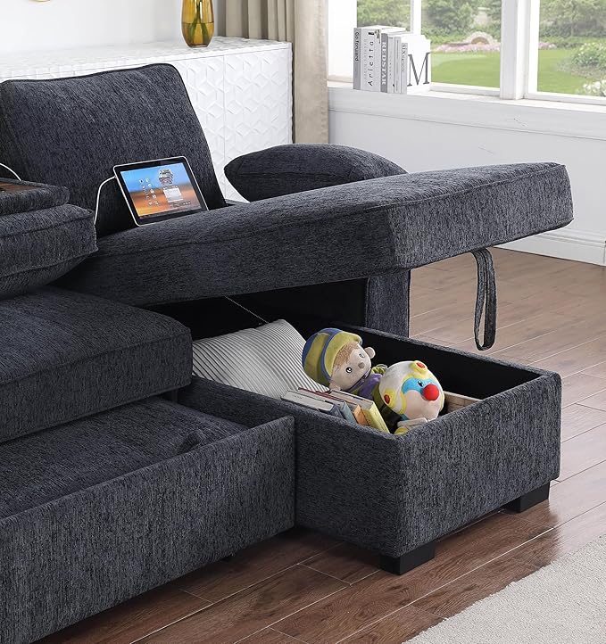 ERYE L-Shaped Pull Out Sleeper Sofa Bed, Modern Chenille Upholstered Button Tufted Corner Reversible Sleeper Sectional Sofa Couch with Storage Chaise, Drop-Down Table, Cup Holders and Charging Ports
