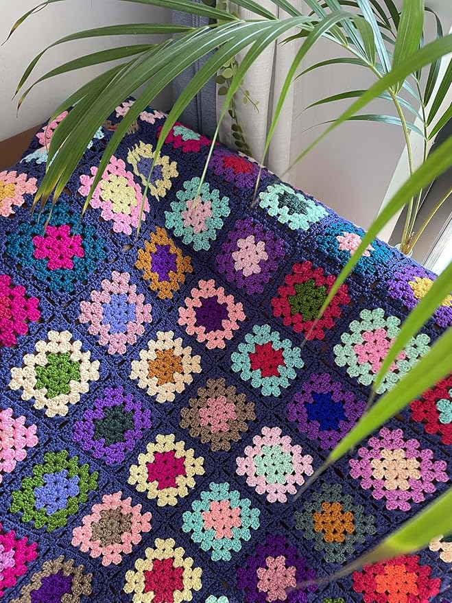 RISEON Handmade Granny Square Crochet Throw Blanket Sweater Style Mat, crochet quilt, multicolor Boho Travel Accent Decor Throw for Sofa Comforter Couch Bed Recliner Living Room Bedroom (Dark blue)