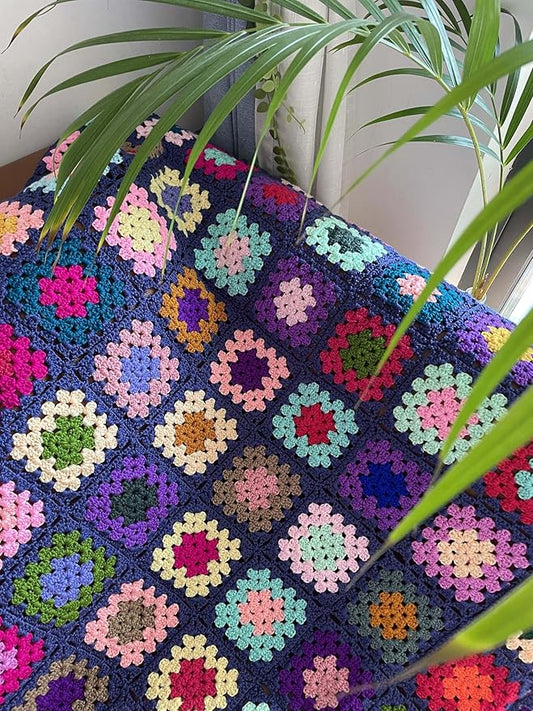 RISEON Handmade Granny Square Crochet Throw Blanket Sweater Style Mat, crochet quilt, multicolor Boho Travel Accent Decor Throw for Sofa Comforter Couch Bed Recliner Living Room Bedroom (Dark blue)