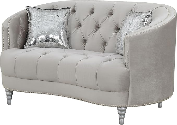 Coaster Home Furnishings - Avonlea - Velvet & Wood - Loveseat with Sloped Arms and Rhinestone Tufting - Living Room - Gray - 508462