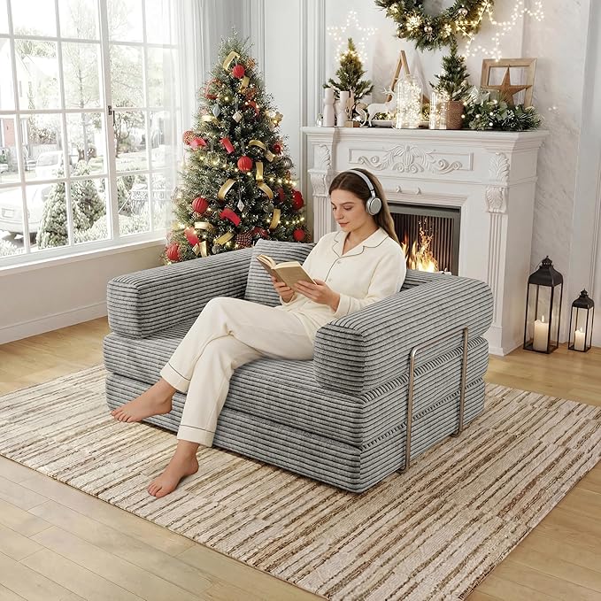 BSHOMGI 4 in 1 Futon Sofa Bed Queen Size - Foldable Convertible Sleeper Sofa Couch with L-Shaped Support, Removable Washable Floor Space Saving for Bedroom & Dorm (Light Gray, 53.15" Double Sofa)