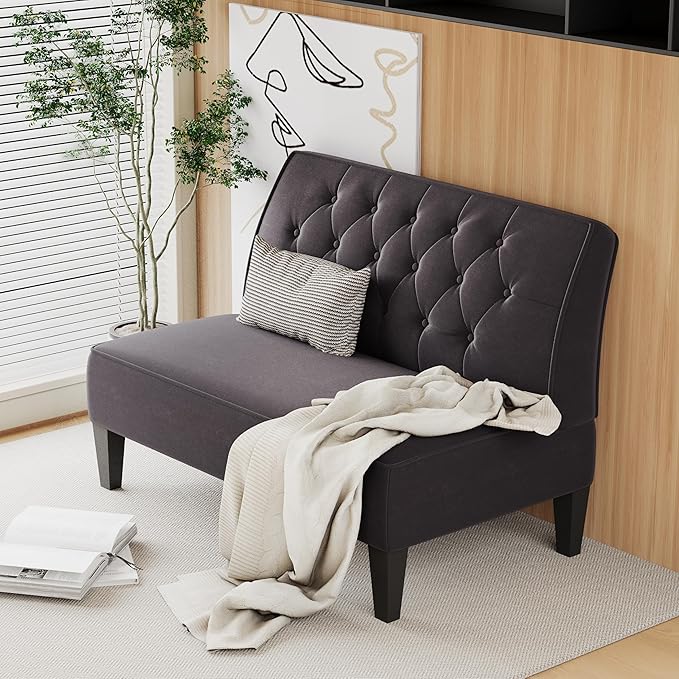 Alunaune Upholstered Loveseat Couch for Living Room, Armless Bedroom Settee Small Love Seat Sofa Tufted Button Dining Room Bench - Dark Grey