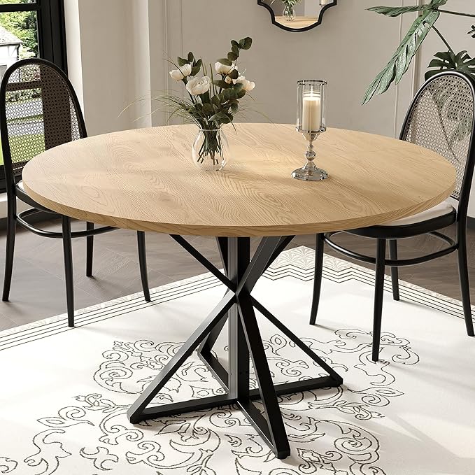 IDEALHOUSE 47 Inch Round Dining Table for 4, Farmhouse Kitchen Table with Metal K-Base, Oak Finish Circle Wood Table for Dining Room, Kitchen, Apartment & Living Room (Table Only)