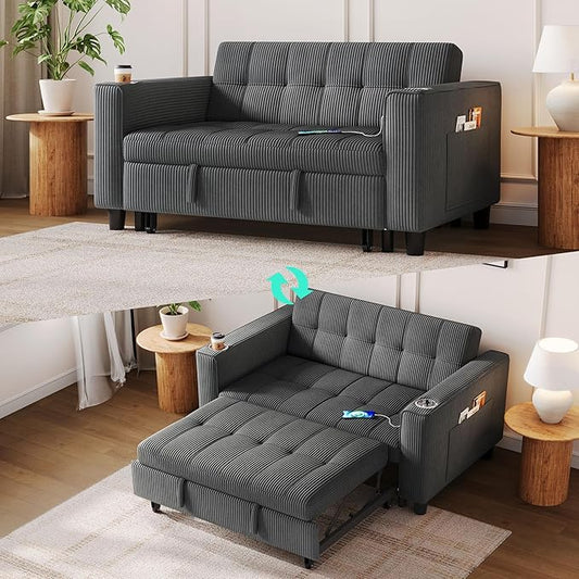 LINSY Sleeper Sofa Bed, 54" Pull Out Couch with Charging Station & Cup Holder, Small 3 in 1 Convertible Loveseat Sleeper Couch for Apartment, Dorm Room, Bedroom and Small Space, Corduroy Gray