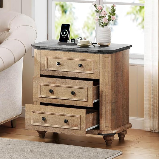DWVO Nightstand Set of 2 with Charging Station, 29" Wide Farmhouse Bedside Table with 3 Drawers, Wood Night Stand w/Storage, Rustic Bed Side End Table for Bedroom Dorm Small Space, Brown