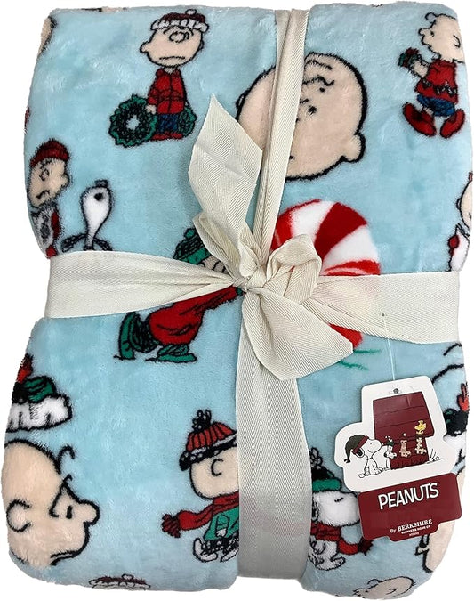 Berkshire Blanket & Home Co Peanuts Winter Blanket, Polyester (Light Blue - Characters Singing and Peppermint Snowball, Full/Queen)