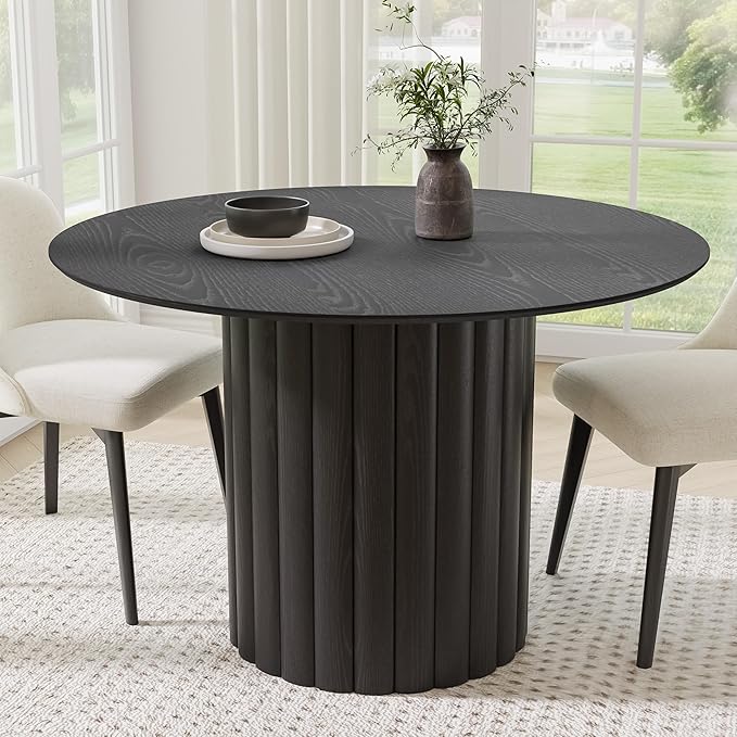 Casaphoria 46" Round Dining Table, Modern Wood Kitchen Table with Wide Column Pedestal Base for Living Room & Dining Room, Easy Assembly Farmhouse Furniture for 4-6, Black