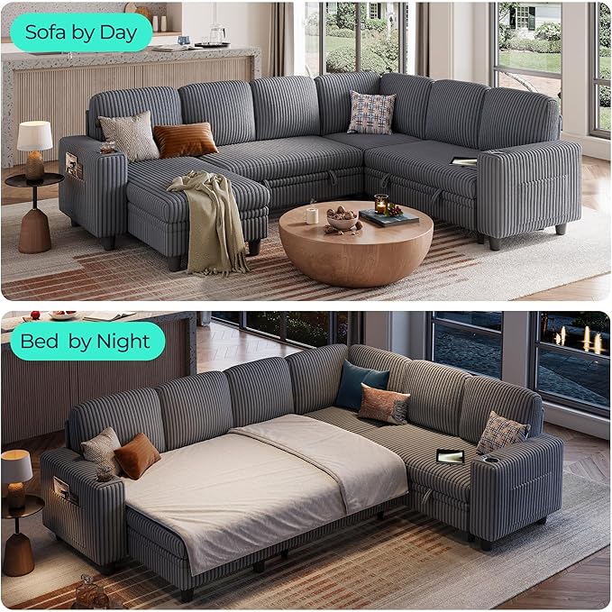 LINSY HOME Sectional Sleeper Sofa Pull Out Couches for Living Room (Grey, Sleeper Sofa 4) | Pull Out Sofa Bed, Storage, USB Charging, Cup Holders, Plush Corduroy | Pull Out Sofa Bed, Storage, USB Charging, Cup Holders, Plush Corduroy