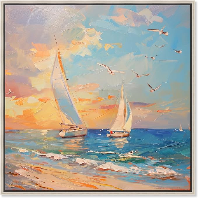 Art Remedy Sailboats In The Sunset Chic Coastal Canvas Wall Art, Silver Floater Frame, 16"x16"
